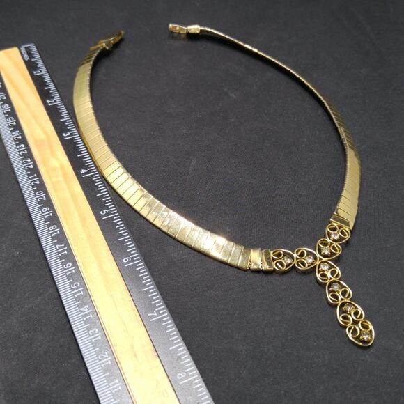 Vintage Mesh Link Choker Necklace, Gray Rhinestone Y Pendant, 16 Inches - Picture 7 of 8